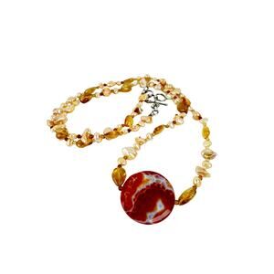 Red Banded Agate Cintrine Freshwater Pearl Long Necklace